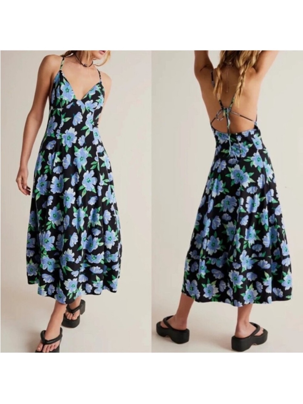 Free People Finer Things Printed Midi Dress Floral Print Dress with pockets S